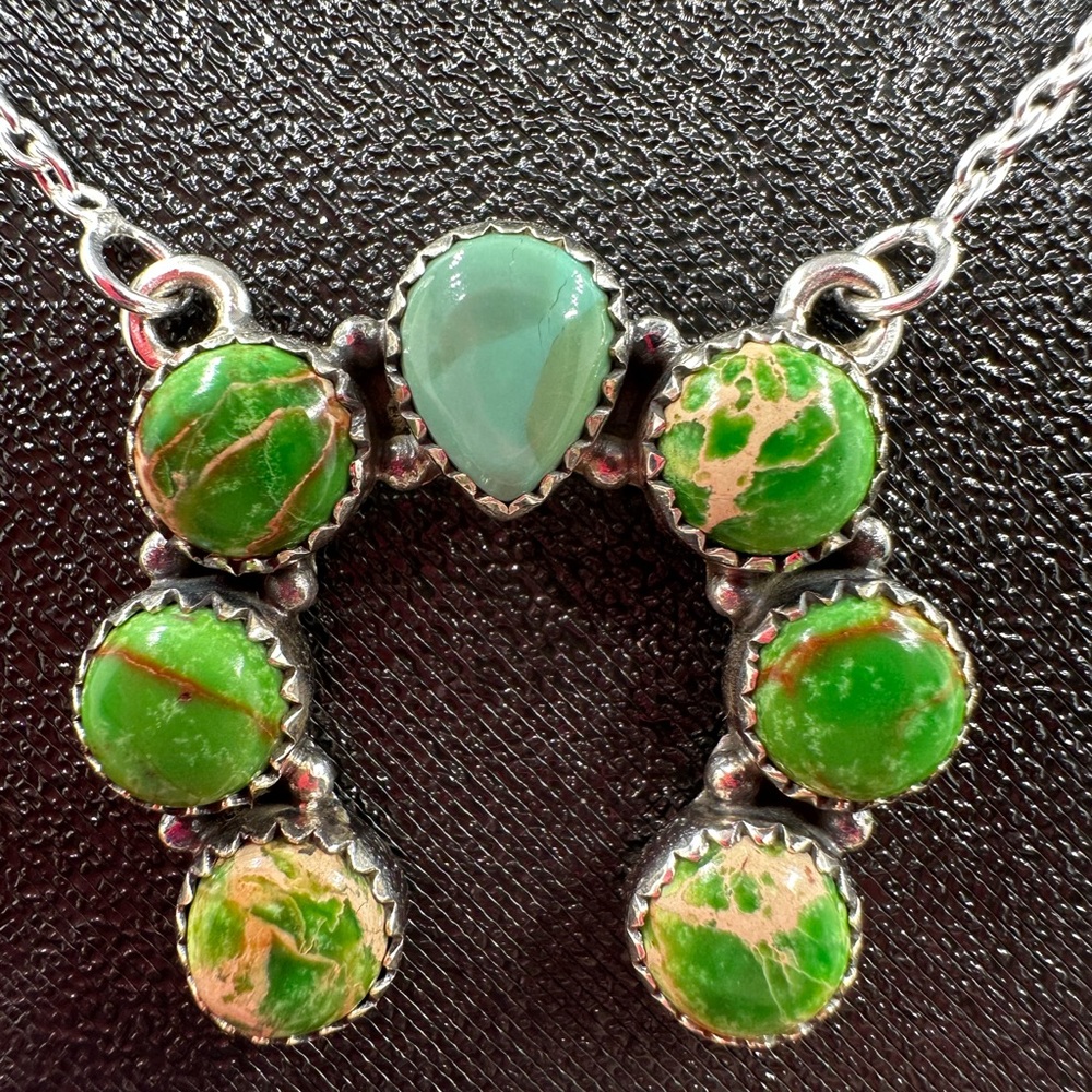 Green Sea Sediment Jasper & Turquoise Sterling Silver 925 Naja Necklace Handmade